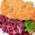 Veal schnitzel with braised cabbage.