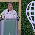 Roger Federer's wife Mirka delivers a speech as the tennis legend is inducted into the International Tennis Hall of Fame.