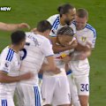 Noah Okafor scores Leeds’ fourth goal as he launches with his left boot after Newcastle fail to clear from a corner.