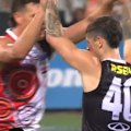 St Kilda's Max Hall slams home a goal on the run from about 65 metres out.