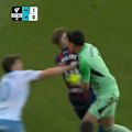 Real Zaragoza goalkeeper Esteban Andrada throws a haymaker after receiving a red card.