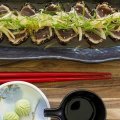 Tuna tataki topped with a fresh blizzard of finely chopped daikon.