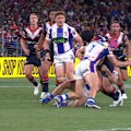 Kalyn Ponga is lucky to avoid the sin bin after hitting Roosters gun Victor Radley high.