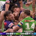 Storm legend Cameron Munster scores a strong solo try in his 250th game against the Raiders.