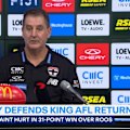 St Kilda coach Ross Lyon gets angry with a journalist after being asked several questions on Max King's injury.