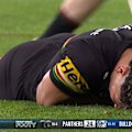 Panthers star Izack Tago stays down with an injury against the Bulldogs.