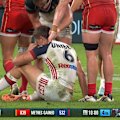 Roosters star Hugo Savala is floored after a collision with Jamayne Isaako.