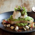 Crushed peas and broad beans, poached eggs and eggplant kasundi.