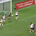 Matildas gun Alanna Kennedy is denied a shot at goal after the ball fired into the body of teammate Ellie Carpenter.