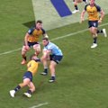Lawson Creighton dummies and spins to score the opening try for the Waratahs.