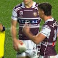 Manly halfback Joey Walsh is sin binned for a hip-drop tackle on Storm forward Ativalu Lisati.