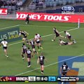 Bulldogs young gun Lachie Galvin splits through the Broncos' defence to score.