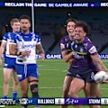 Stefano Utoikamanu kicks, the ball ricochets off a Bulldogs defender and the Storm score.
