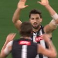 Collingwood star Josh Daicos pops up inside 50 and snaps a goal.