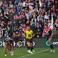 Warriors winger Charnze Nicoll-Klokstad scores the first try in an NRL match at the new One NZ Stadium in Christchurch.