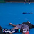 Nick Kyrgios goes from zero to hero with a stunning rally shot, only to thud a cross-court attempt into the net frame.
