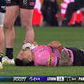 Panthers prop Moses Leota stays down clutching at his leg in a scary moment for the premiership heavyweights.