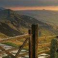 Sunrise over Hope Valley and The Great Ridge from Mam Tor, Peak District National Park, near Castleton, Derbyshire, England. 