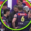 Billy Slater was captured speaking to the Storm halves at half time against the Bulldogs.