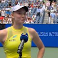 Elena Rybakina reacts to becoming the women's world No.1 after beating Qinwen Zheng to reach the US Open semi finals.