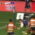 Warriors star Charnze Nicoll-Klokstad bashes over to score against Wests Tigers.