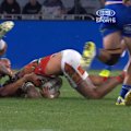 Viliame Kikau is penalised for a head slam on Jayden Sullivan.