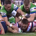 Reece Robson scores a try in his milestone game for the Sydney Roosters.