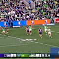 Raiders winger Xavier Savage races away to score a 90-metre intercept try against the Storm.
