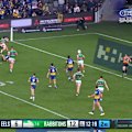 Rabbitohs gun Tallis Duncan comes up with a ball-and-all tackle on Eels centre Sean Russell.