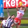 Charlie Curnow was paid a mark for this leaping attempt against Collingwood.