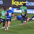 Force winger Zac Lomax crosses for a controversial try after the final pass appeared forward.