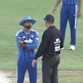 An umpire overturns a wide decision for India in the final over of their T20 clash with Japan.