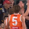 GWS star Jake Stringer snaps a goal from a tight angle in the left-forward pocket at Adelaide Oval.