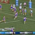 Knights five-eighth Kirra Dibb threads a grubber and Fane Finau pounces.