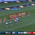Bulldogs second-rower Tamika Jones crashes over against the Dragons.
