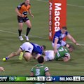 Bulldogs fullback Connor Tracey makes a try-saving tackle in the dying stages against the Raiders.