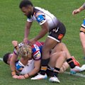 Tony Sukkar collects a short ball and crashes over the tryline to score for the first time in his NRL career.