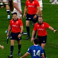 Aussie referee Angus Gardner was accosted by Argentinian rugby players after a controversial moment at the end of their loss to England.