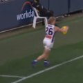 Fremantle's Hayden Young kicks an incredible goal against the Bulldogs.