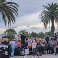 A clothing brand giveaway has descended into chaos with people run over by trail bikes and the riot squad pepper-spraying crowds at a Newcastle skate park.