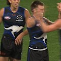Colby McKercher kicks a goal less than thirty seconds into the third quarter to give North Melbourne their first lead of the game over Geelong.