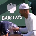 Nick Kyrgios gets into an exchange with the chair umpire during his first-round Wimbledon exit.