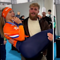 Boxer Jake Paul celebrates fiancee Jutta Leerdam's gold medal win in speed skating at Milano Cortina 2026.