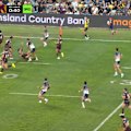 Reece Walsh is put flat on his back by Braidon Burns, who hurtles away to score for North Queensland.
