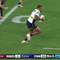 Ezra Mam intercepts a Cameron Munster pass to run away and score.