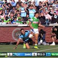 KL Iro scores on the edge for the Sharks in a try Andrew Johns called "way too easy".