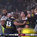 Broncos and Panthers players get stuck into each other twice in the space of a minute in wet conditions.