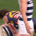 Geelong superstar Bailey Smith gives away a free kick off the ball against the Crows.