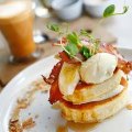 Buttermilk and coconut crumpets with bacon and banana.