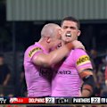 Nathan Cleary kicks a field goal to defy the Dolphins' comeback.